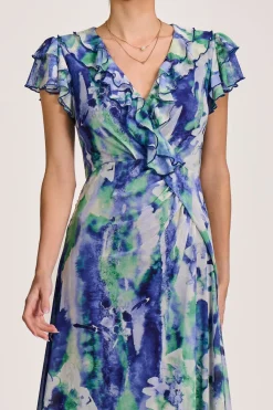 Jolie Moi Mesh Dresses|Maxi Dresses-Ruffle V-Neck Mesh Maxi Dress, Blue Abstract