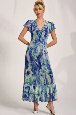 Jolie Moi Mesh Dresses|Maxi Dresses-Ruffle V-Neck Mesh Maxi Dress, Blue Abstract