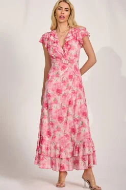 Jolie Moi Mesh Dresses|Maxi Dresses-Ruffle V-Neck Mesh Maxi Dress, Pink Floral