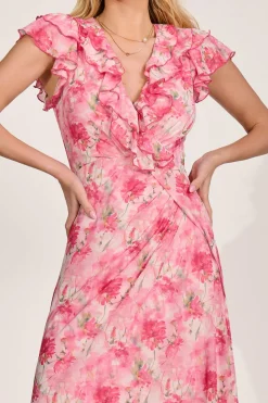 Jolie Moi Mesh Dresses|Maxi Dresses-Ruffle V-Neck Mesh Maxi Dress, Pink Floral