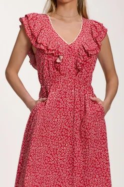 Jolie Moi Midi Dresses-Ruffle V-Neck Viscose Midi Dress, Red Ditsy