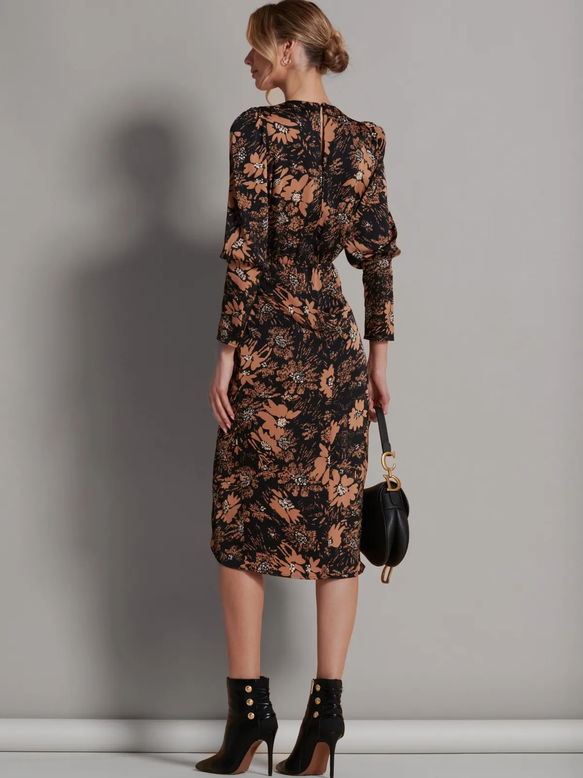 Jolie Moi Occasion Dresses|Floral Dresses-Satin Floral Shirt Dress, Brown Floral
