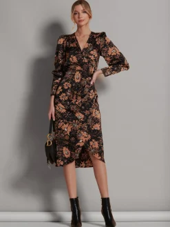 Jolie Moi Occasion Dresses|Floral Dresses-Satin Floral Shirt Dress, Brown Floral