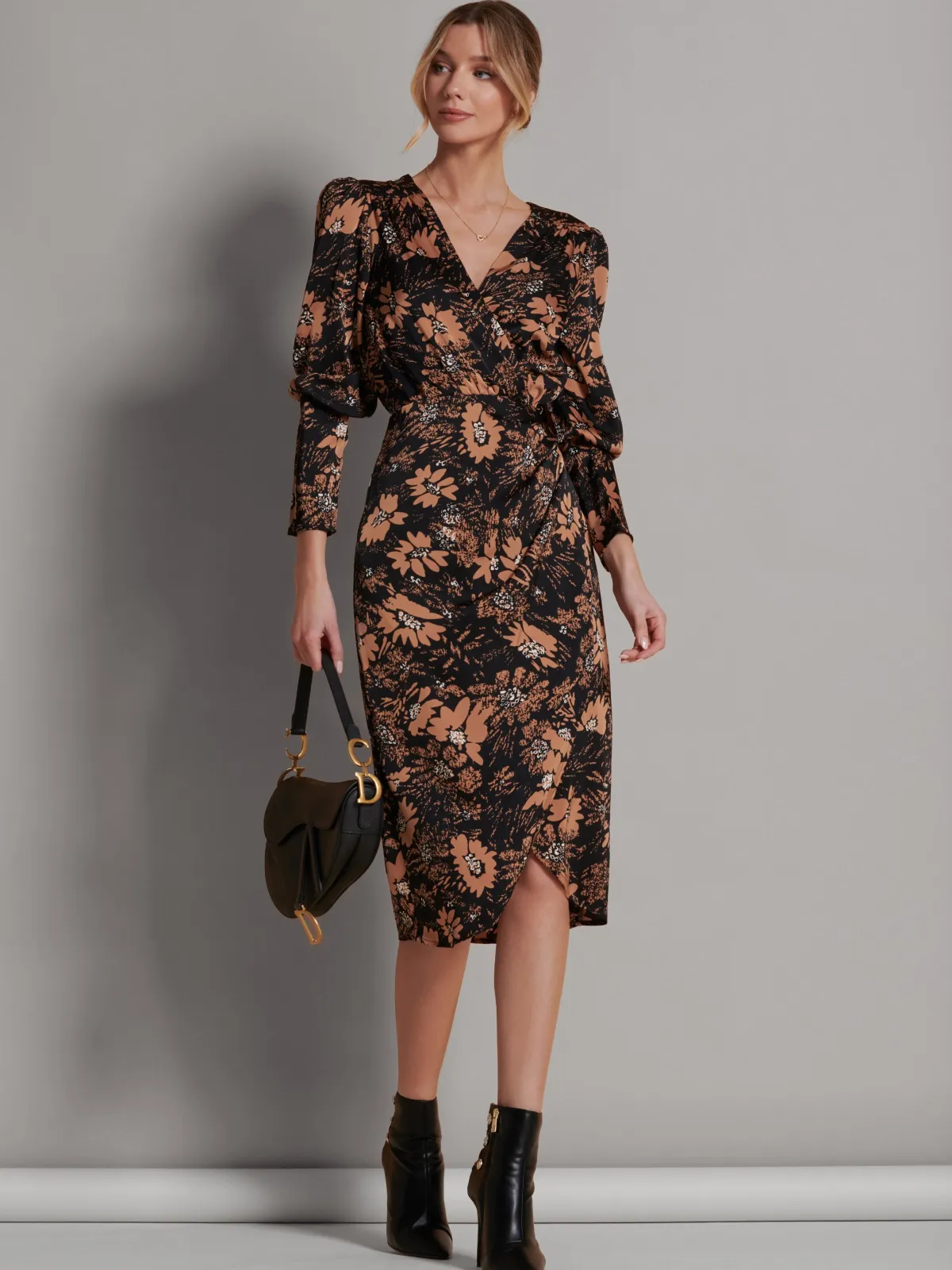 Jolie Moi Occasion Dresses|Floral Dresses-Satin Floral Shirt Dress, Brown Floral