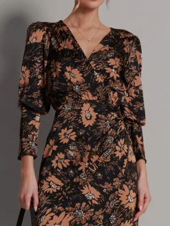 Jolie Moi Occasion Dresses|Floral Dresses-Satin Floral Shirt Dress, Brown Floral