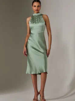 Jolie Moi Mother Of The Bride|Party Dresses-Satin Halter Neck Midi Dress, Green