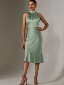 Jolie Moi Mother Of The Bride|Party Dresses-Satin Halter Neck Midi Dress, Green