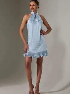 Jolie Moi Occasion Dresses|Party Dresses-Satin Halterneck Mini Dress, Blue