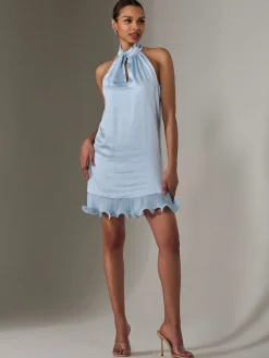 Jolie Moi Occasion Dresses|Party Dresses-Satin Halterneck Mini Dress, Blue