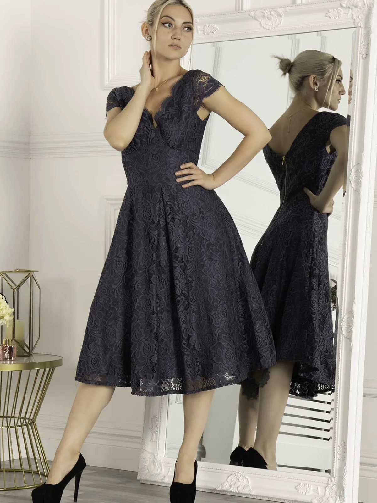 Jolie Moi Occasion Dresses|Mother Of The Bride-1950s Cap Sleeve Lace Prom Dress, Dark Grey