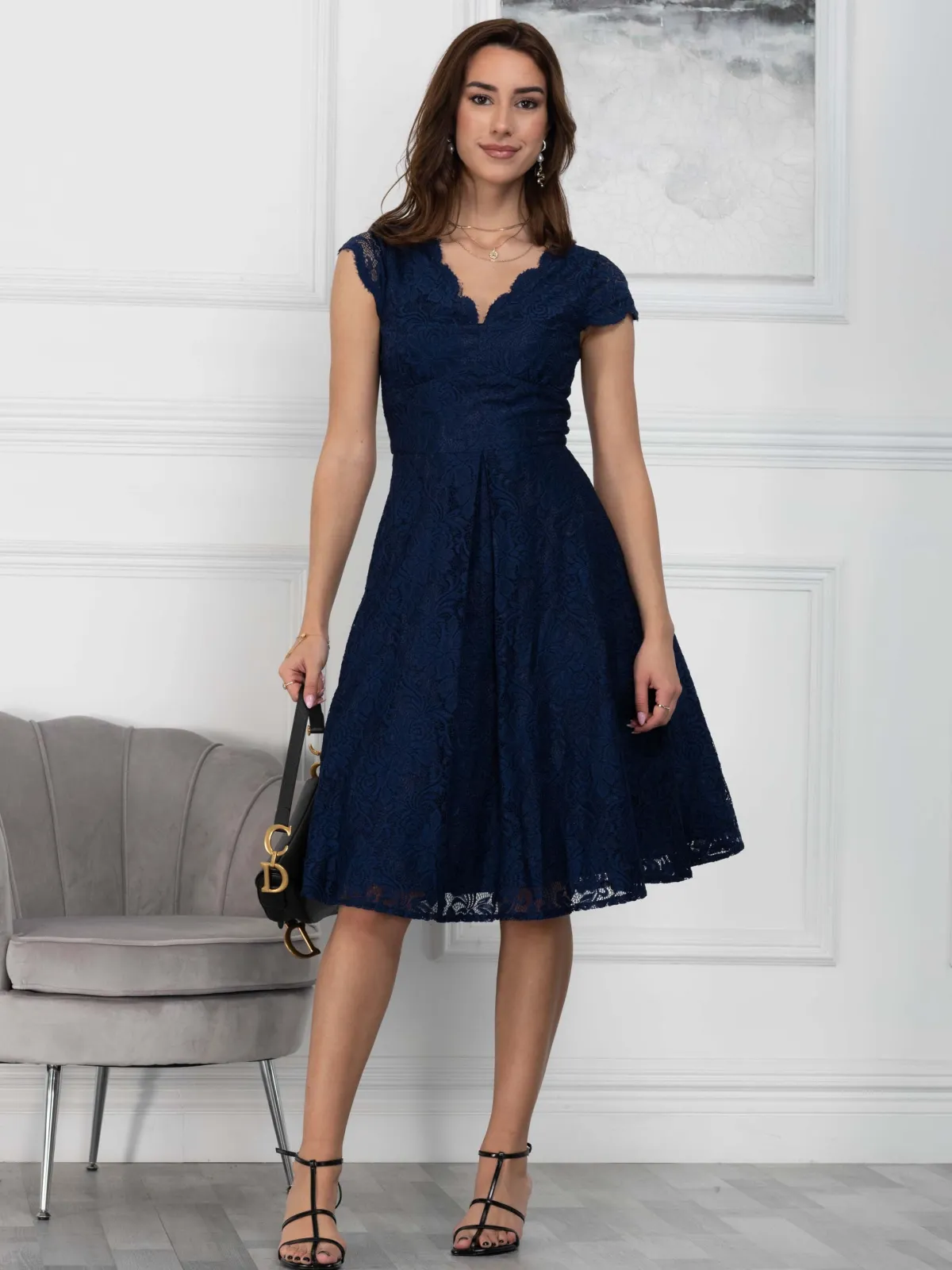 Jolie Moi Occasion Dresses|Mother Of The Bride-1950s Cap Sleeve Lace Prom Dress, Navy
