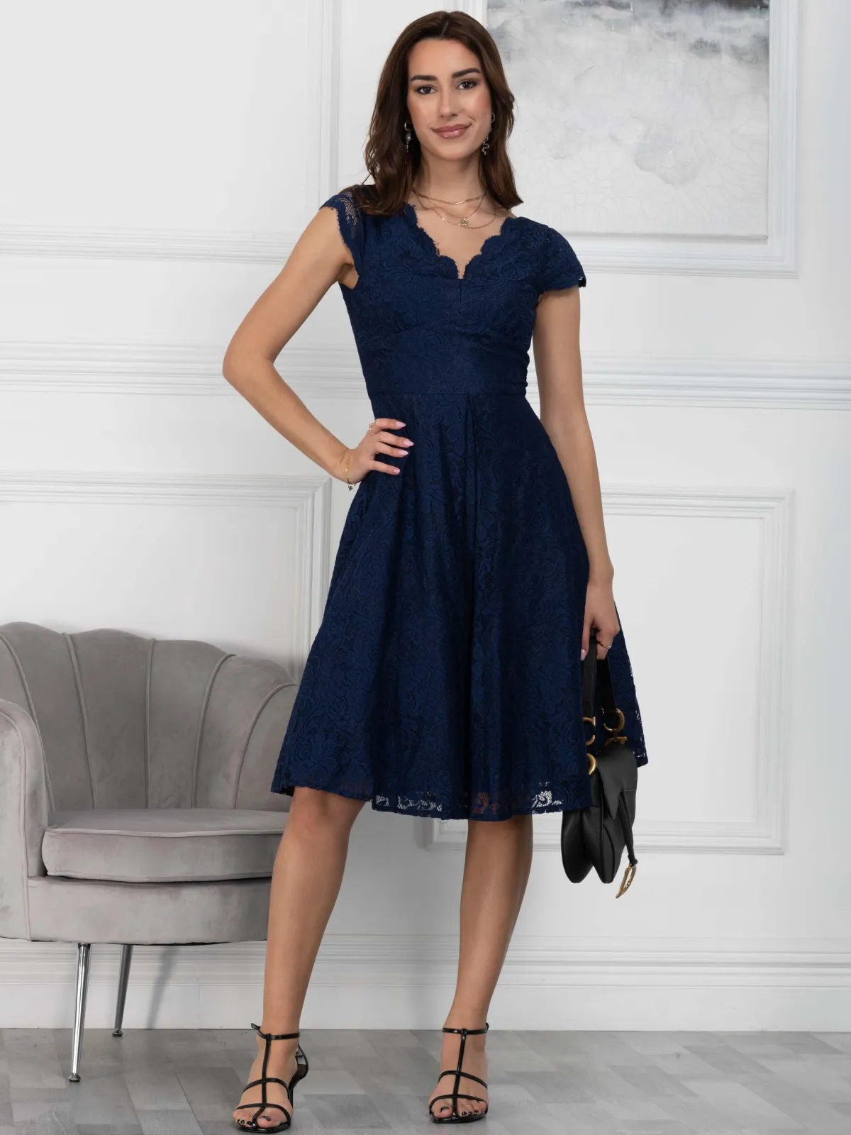 Jolie Moi Occasion Dresses|Mother Of The Bride-1950s Cap Sleeve Lace Prom Dress, Navy