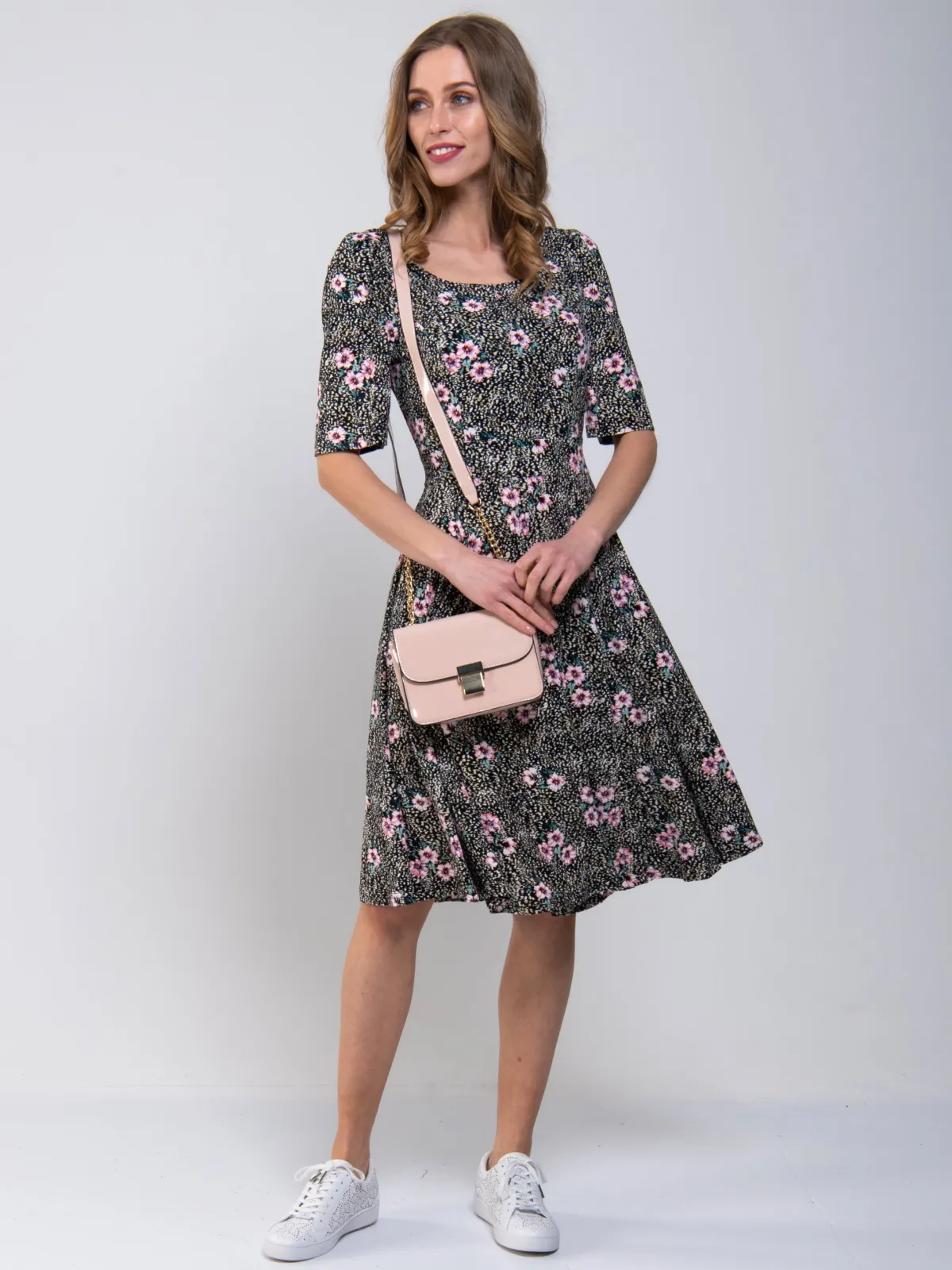 Jolie Moi Floral Dresses|Jersey Dresses-Scoop Neck Swing Jersey Dress, Floral Multi