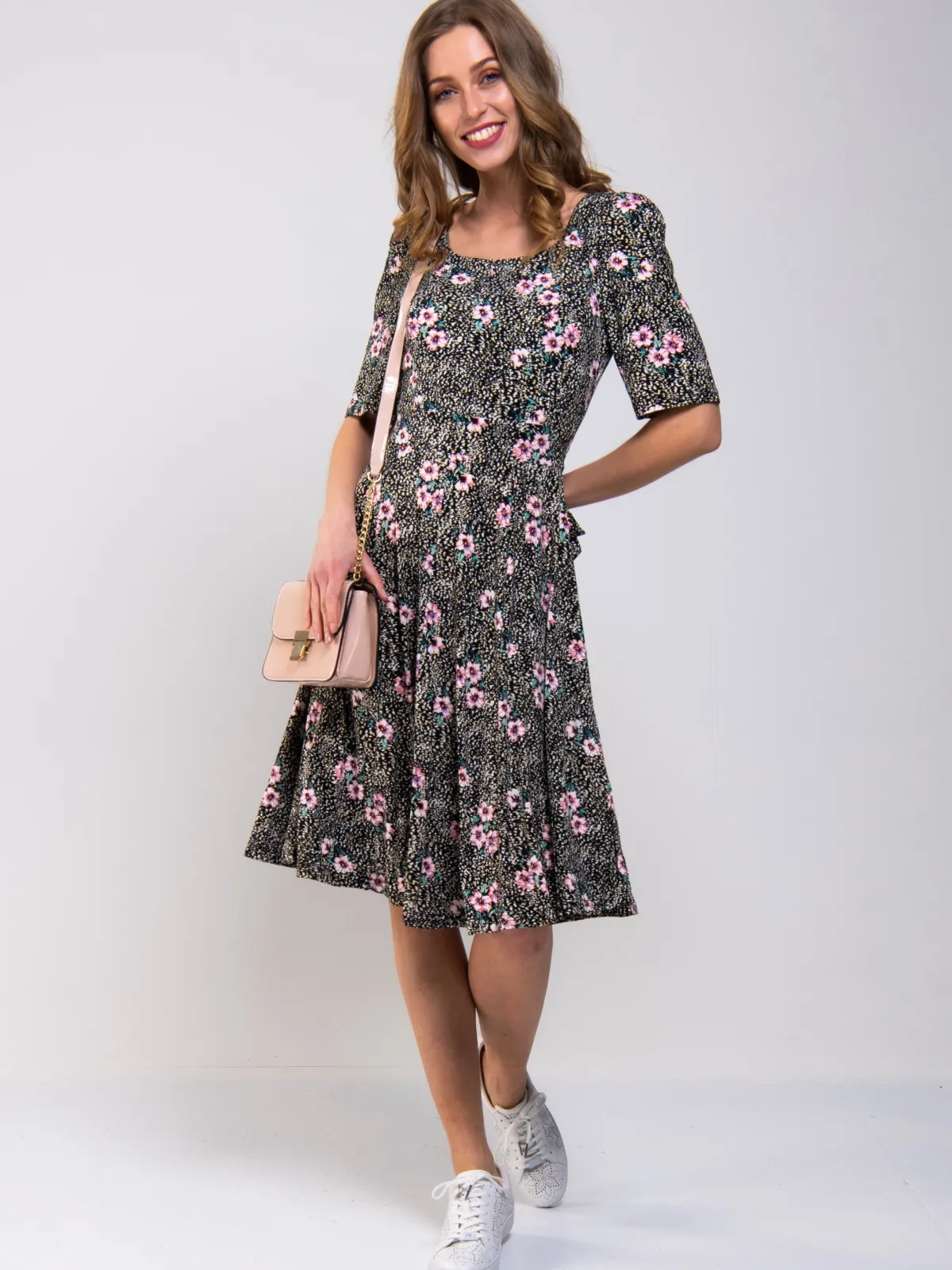 Jolie Moi Floral Dresses|Jersey Dresses-Scoop Neck Swing Jersey Dress, Floral Multi