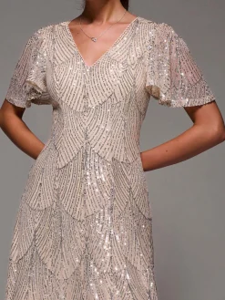 Jolie Moi Mother Of The Bride|Party Dresses-Sequin Angel Sleeve Fit & Flare Midaxi Dress, Beige Silver