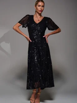 Jolie Moi Mother Of The Bride|Party Dresses-Sequin Angel Sleeve Fit & Flare Midaxi Dress, Black