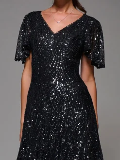 Jolie Moi Mother Of The Bride|Party Dresses-Sequin Angel Sleeve Fit & Flare Midaxi Dress, Black Metallic