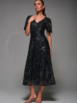 Jolie Moi Mother Of The Bride|Party Dresses-Sequin Angel Sleeve Fit & Flare Midaxi Dress, Black Metallic