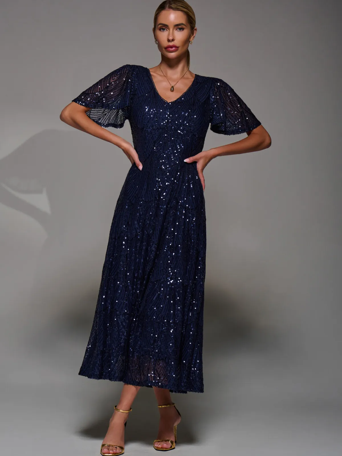 Jolie Moi Occasion Dresses|Sleeveless Dresses-Sequin Angel Sleeve Fit & Flare Midaxi Dress, Navy