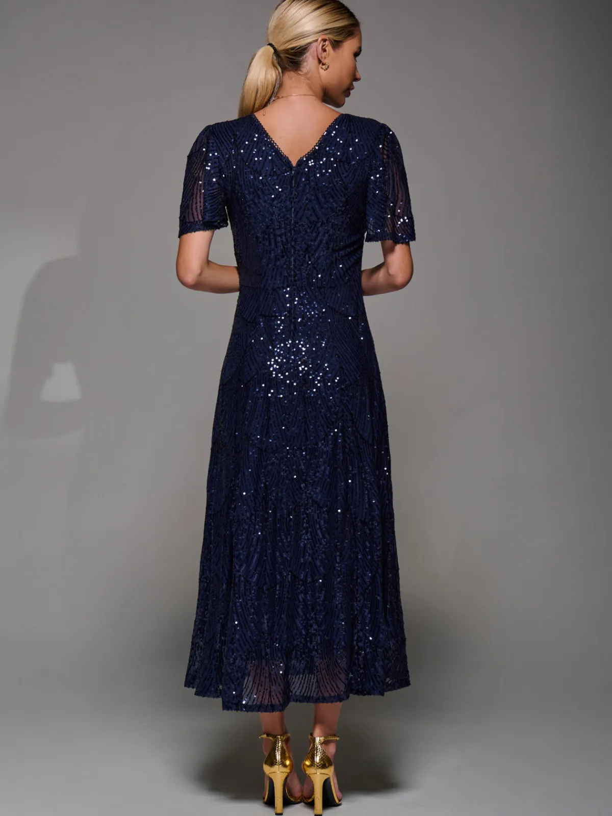 Jolie Moi Occasion Dresses|Sleeveless Dresses-Sequin Angel Sleeve Fit & Flare Midaxi Dress, Navy