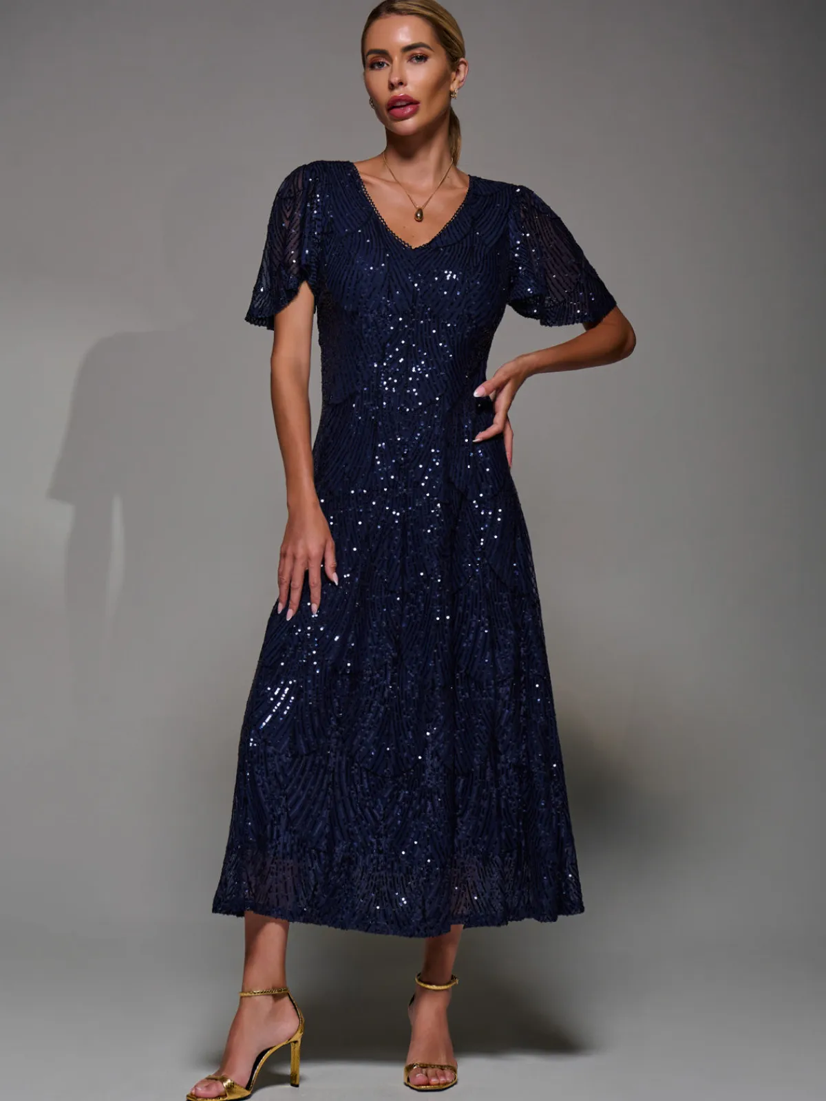 Jolie Moi Occasion Dresses|Sleeveless Dresses-Sequin Angel Sleeve Fit & Flare Midaxi Dress, Navy