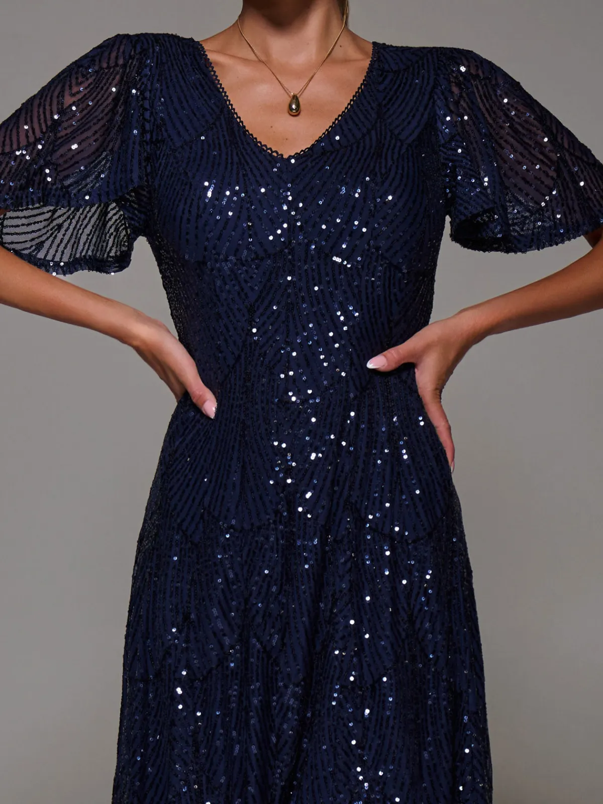 Jolie Moi Occasion Dresses|Sleeveless Dresses-Sequin Angel Sleeve Fit & Flare Midaxi Dress, Navy