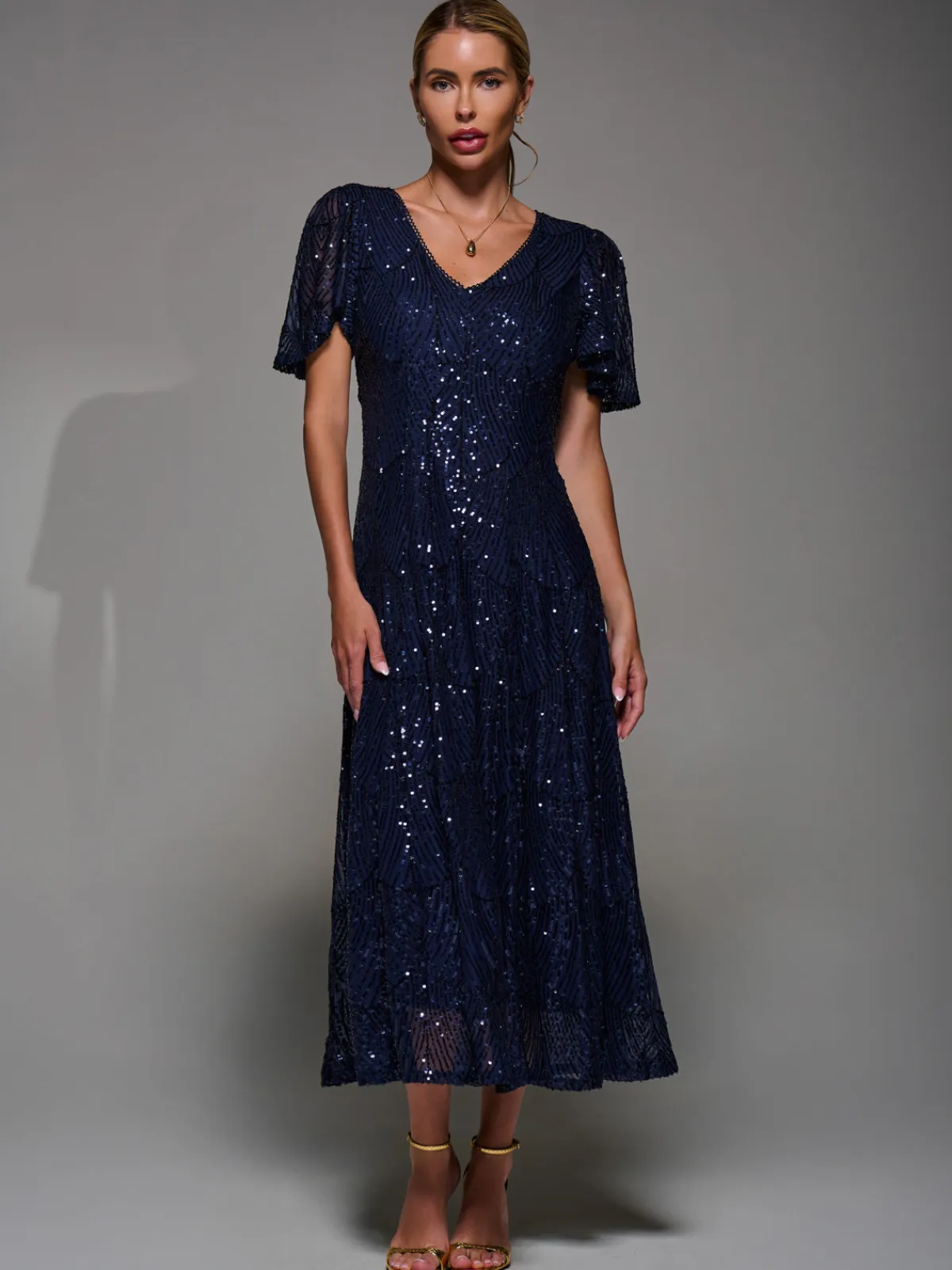 Jolie Moi Occasion Dresses|Sleeveless Dresses-Sequin Angel Sleeve Fit & Flare Midaxi Dress, Navy
