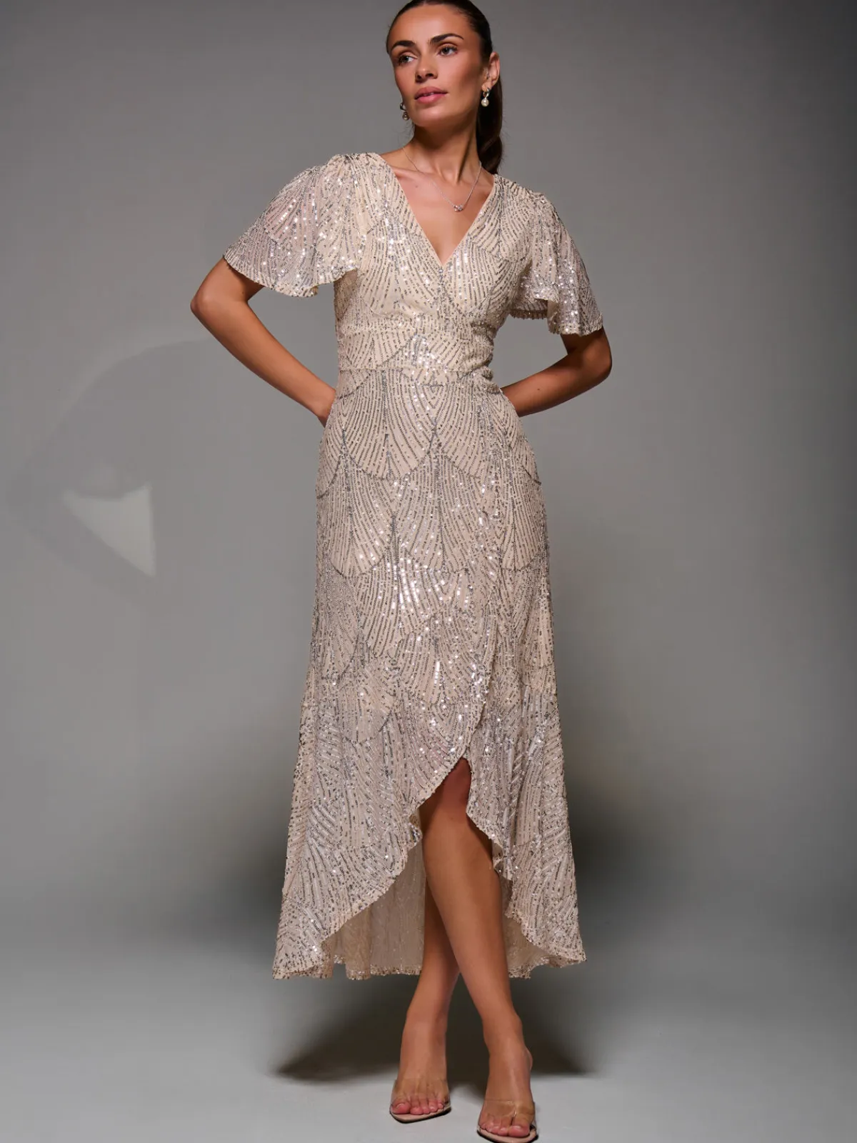 Jolie Moi Occasion Dresses|Party Dresses-Sequin Angel Sleeve Ruffle Hem Maxi Dress, Beige Silver