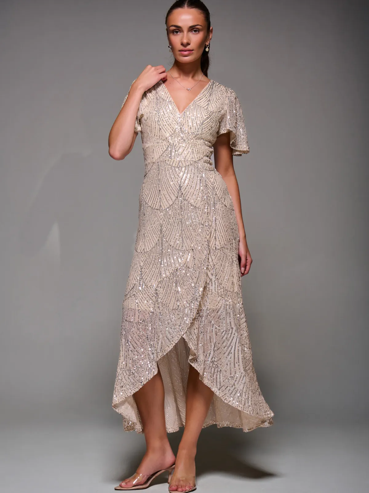 Jolie Moi Occasion Dresses|Party Dresses-Sequin Angel Sleeve Ruffle Hem Maxi Dress, Beige Silver