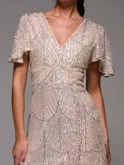 Jolie Moi Occasion Dresses|Party Dresses-Sequin Angel Sleeve Ruffle Hem Maxi Dress, Beige Silver