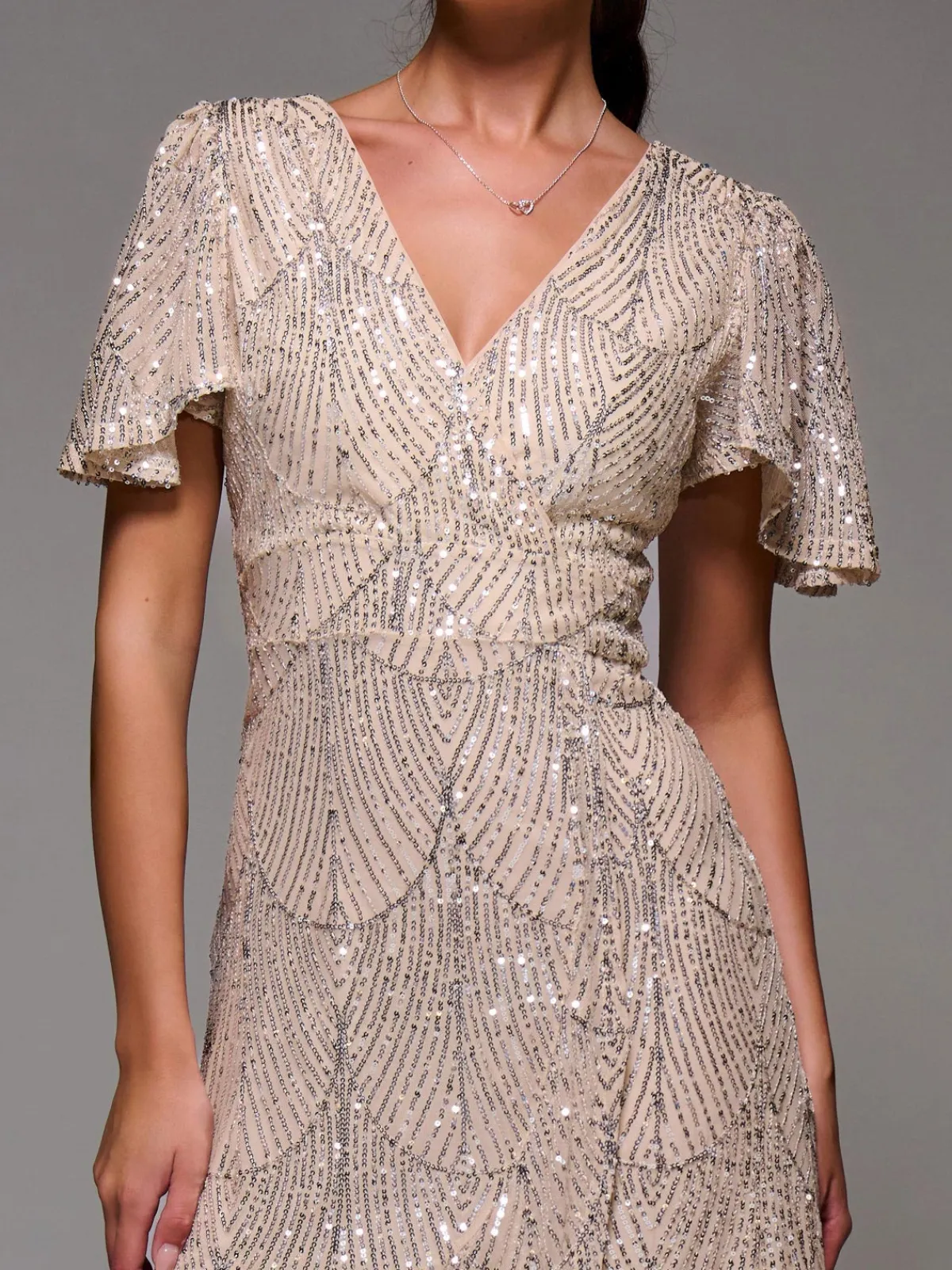 Jolie Moi Occasion Dresses|Party Dresses-Sequin Angel Sleeve Ruffle Hem Maxi Dress, Beige Silver