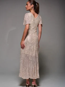 Jolie Moi Occasion Dresses|Party Dresses-Sequin Angel Sleeve Ruffle Hem Maxi Dress, Beige Silver