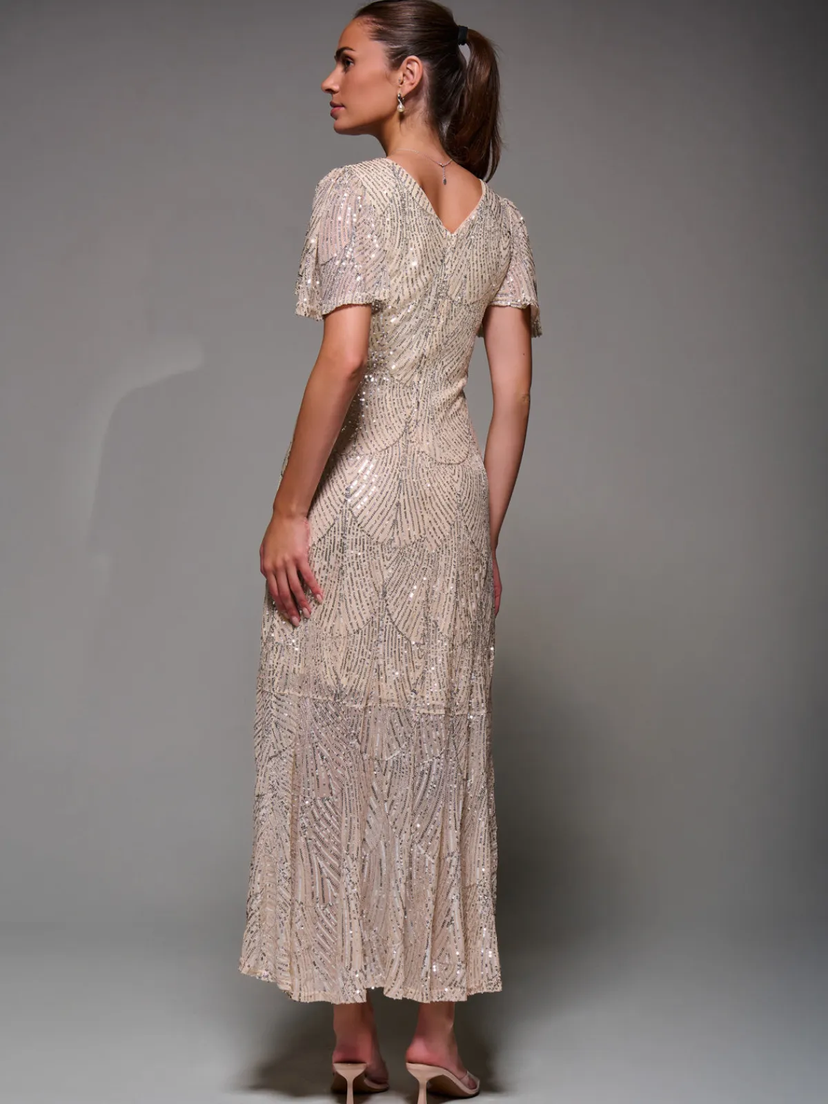 Jolie Moi Occasion Dresses|Party Dresses-Sequin Angel Sleeve Ruffle Hem Maxi Dress, Beige Silver