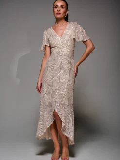 Jolie Moi Occasion Dresses|Party Dresses-Sequin Angel Sleeve Ruffle Hem Maxi Dress, Beige Silver