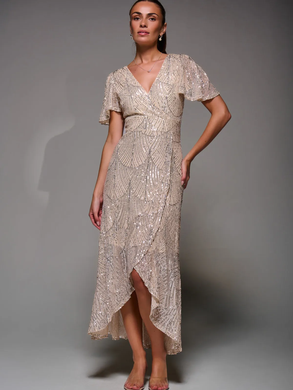Jolie Moi Occasion Dresses|Party Dresses-Sequin Angel Sleeve Ruffle Hem Maxi Dress, Beige Silver