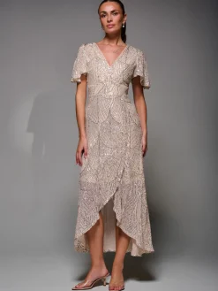 Jolie Moi Occasion Dresses|Party Dresses-Sequin Angel Sleeve Ruffle Hem Maxi Dress, Beige Silver