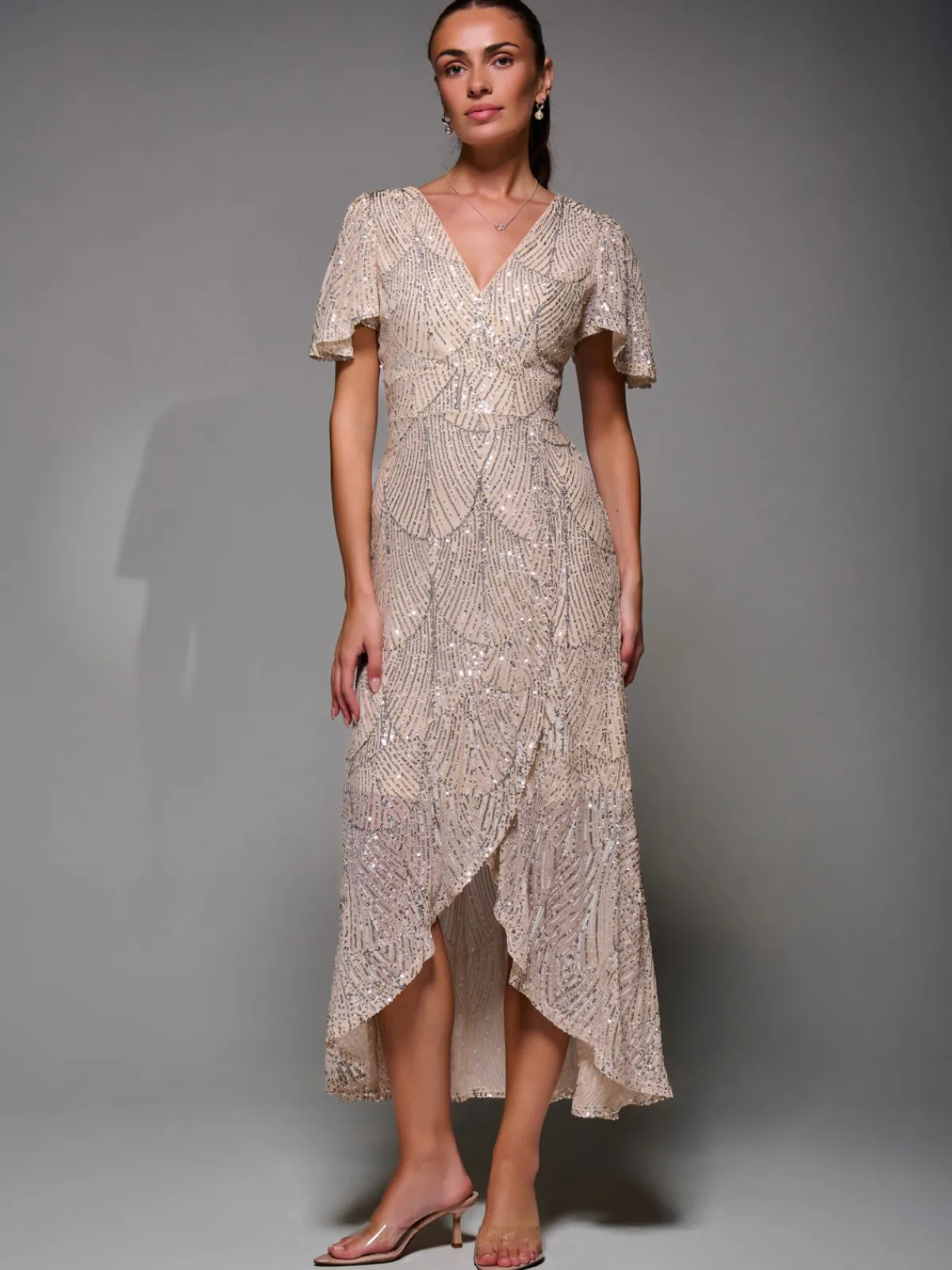Jolie Moi Occasion Dresses|Party Dresses-Sequin Angel Sleeve Ruffle Hem Maxi Dress, Beige Silver