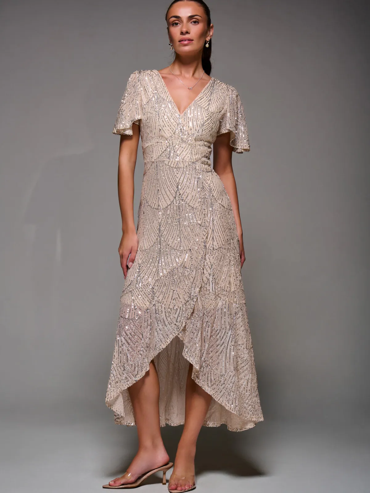 Jolie Moi Occasion Dresses|Party Dresses-Sequin Angel Sleeve Ruffle Hem Maxi Dress, Beige Silver