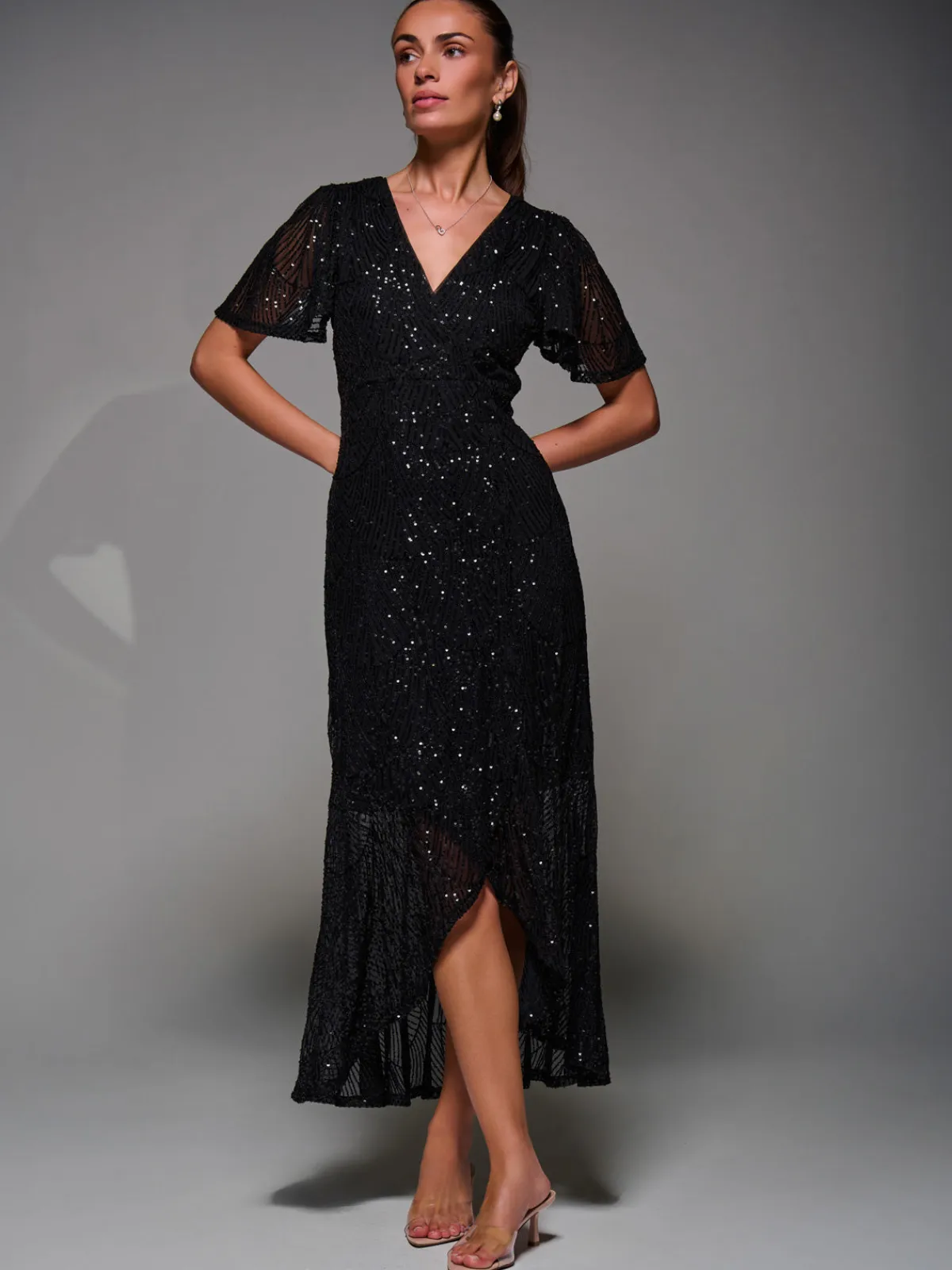 Jolie Moi Occasion Dresses|Party Dresses-Sequin Angel Sleeve Ruffle Hem Maxi Dress, Black