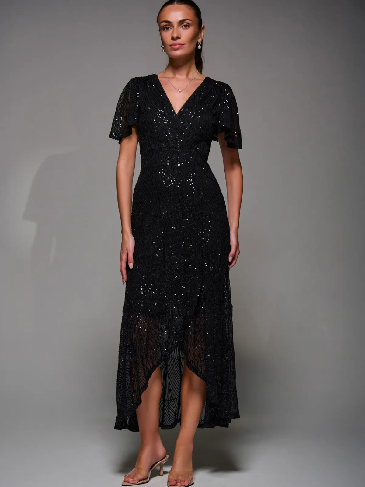 Jolie Moi Occasion Dresses|Party Dresses-Sequin Angel Sleeve Ruffle Hem Maxi Dress, Black