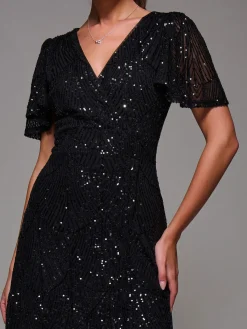 Jolie Moi Occasion Dresses|Party Dresses-Sequin Angel Sleeve Ruffle Hem Maxi Dress, Black
