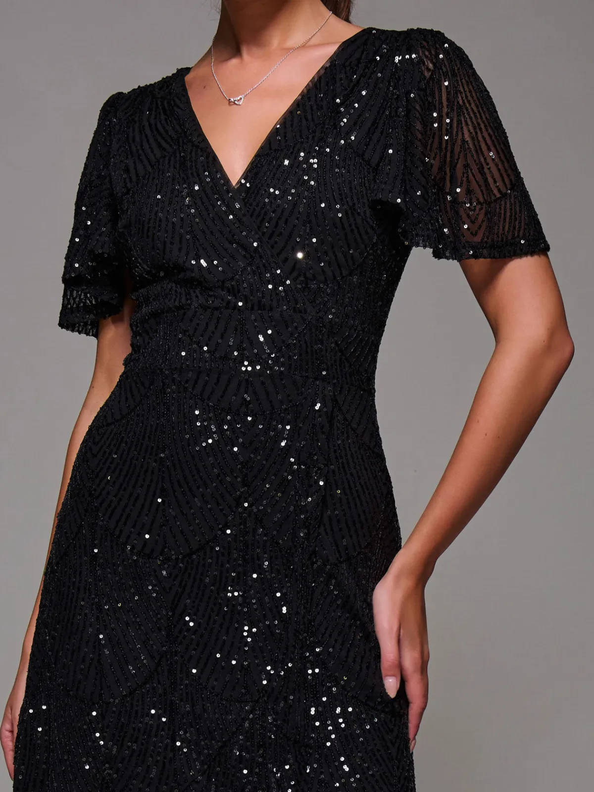 Jolie Moi Occasion Dresses|Party Dresses-Sequin Angel Sleeve Ruffle Hem Maxi Dress, Black