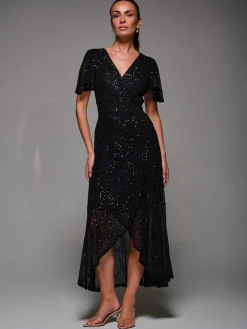 Jolie Moi Occasion Dresses|Party Dresses-Sequin Angel Sleeve Ruffle Hem Maxi Dress, Black