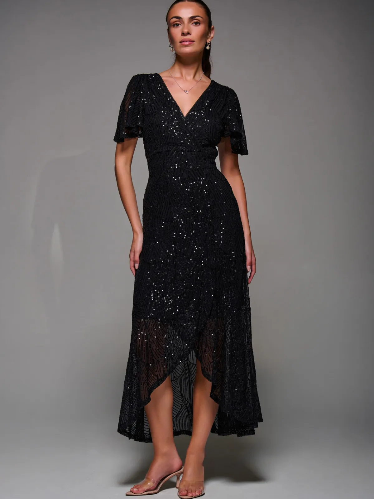 Jolie Moi Occasion Dresses|Party Dresses-Sequin Angel Sleeve Ruffle Hem Maxi Dress, Black
