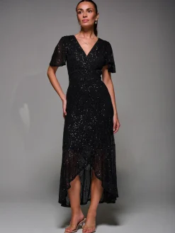 Jolie Moi Occasion Dresses|Party Dresses-Sequin Angel Sleeve Ruffle Hem Maxi Dress, Black