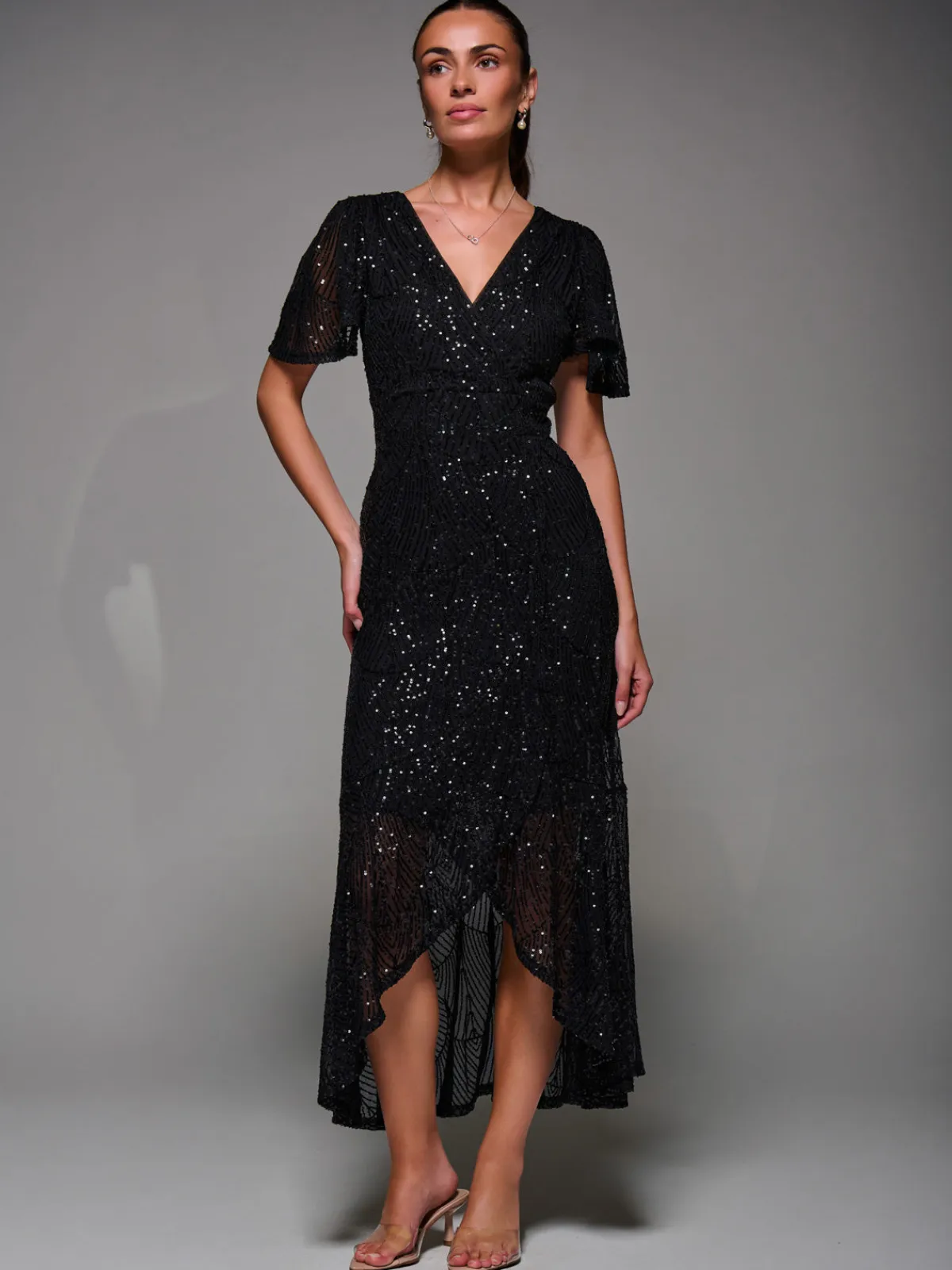 Jolie Moi Occasion Dresses|Party Dresses-Sequin Angel Sleeve Ruffle Hem Maxi Dress, Black