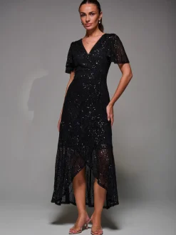 Jolie Moi Occasion Dresses|Party Dresses-Sequin Angel Sleeve Ruffle Hem Maxi Dress, Black
