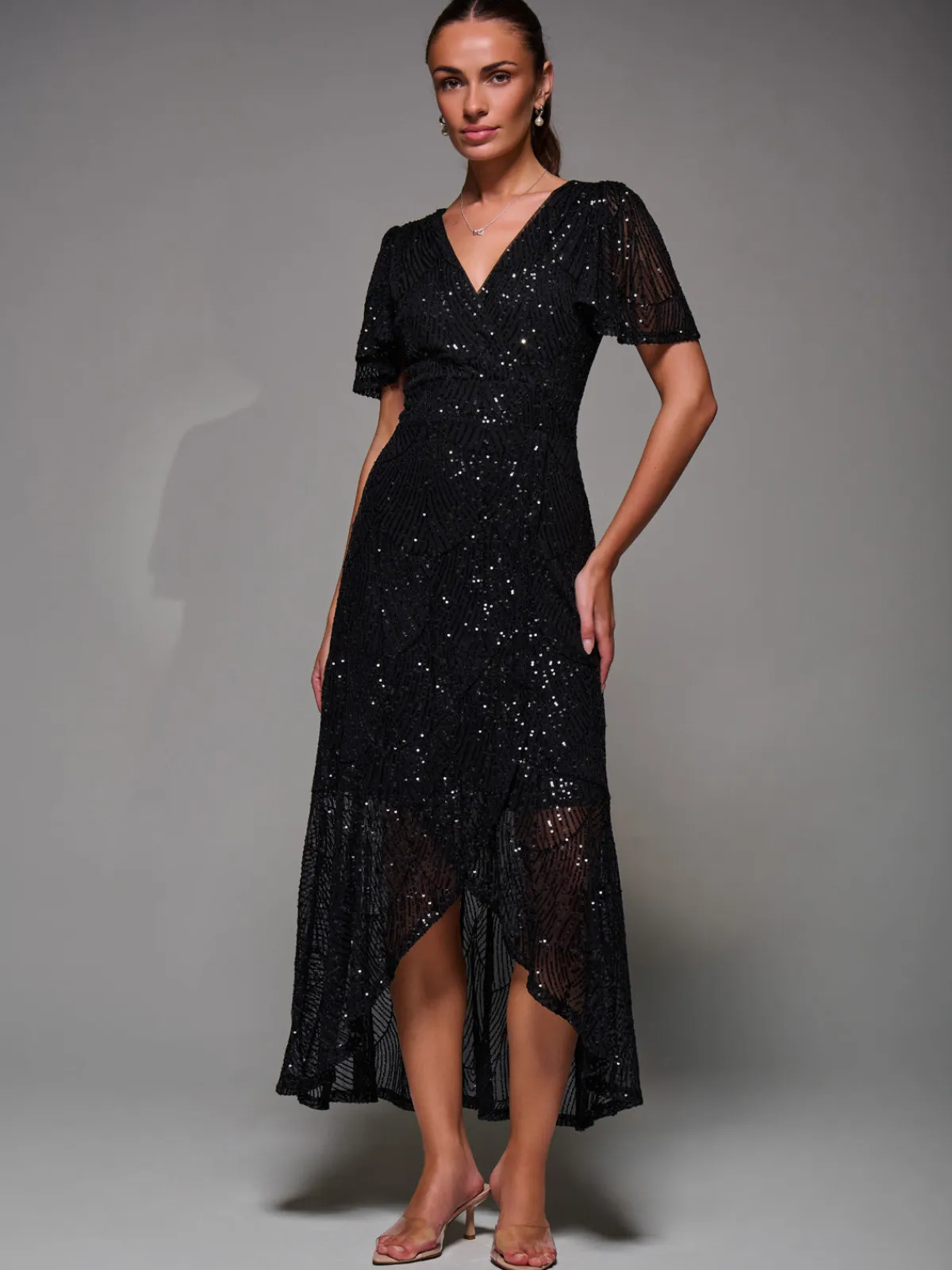 Jolie Moi Occasion Dresses|Party Dresses-Sequin Angel Sleeve Ruffle Hem Maxi Dress, Black