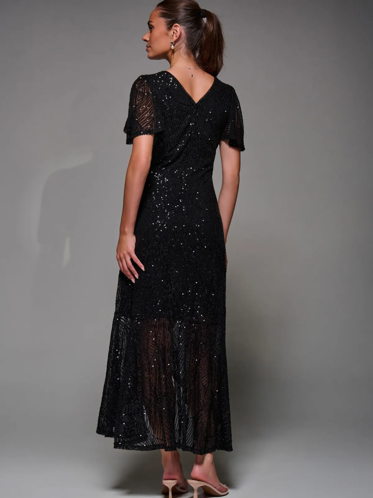 Jolie Moi Occasion Dresses|Party Dresses-Sequin Angel Sleeve Ruffle Hem Maxi Dress, Black