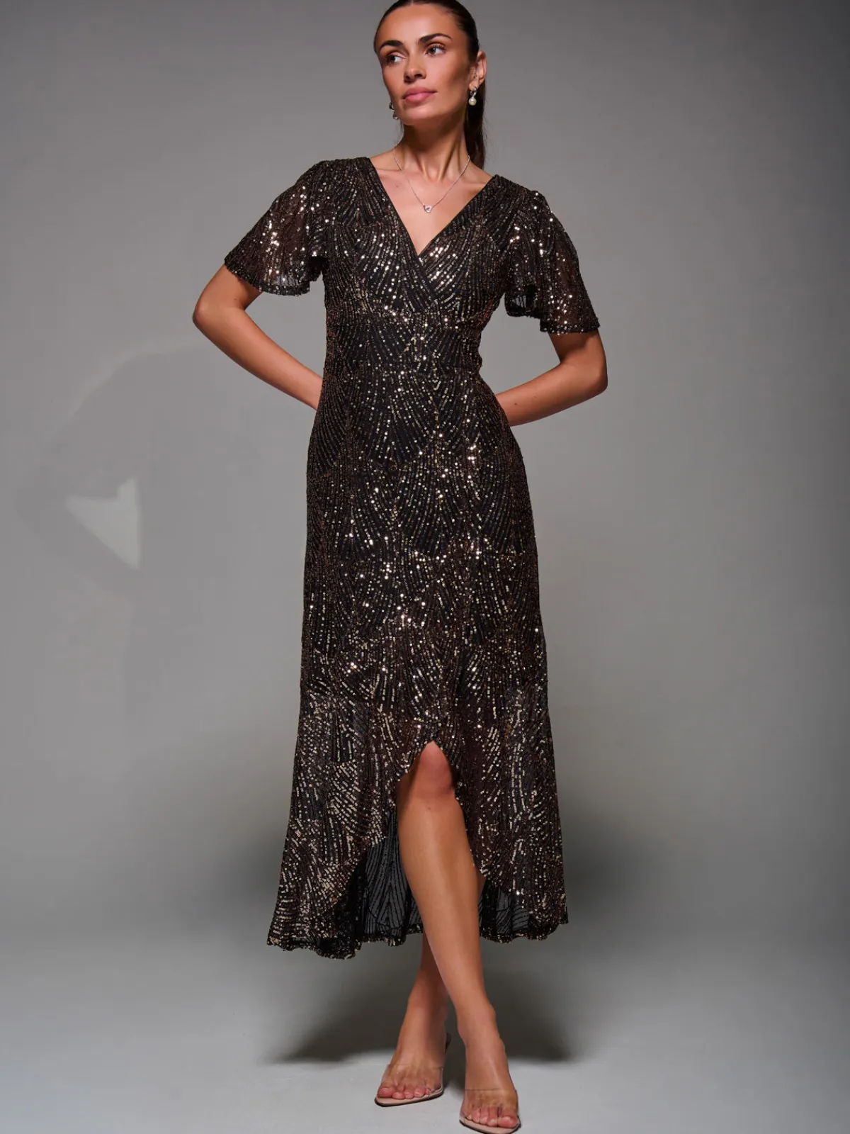 Jolie Moi Occasion Dresses|Party Dresses-Sequin Angel Sleeve Ruffle Hem Maxi Dress, Black Gold